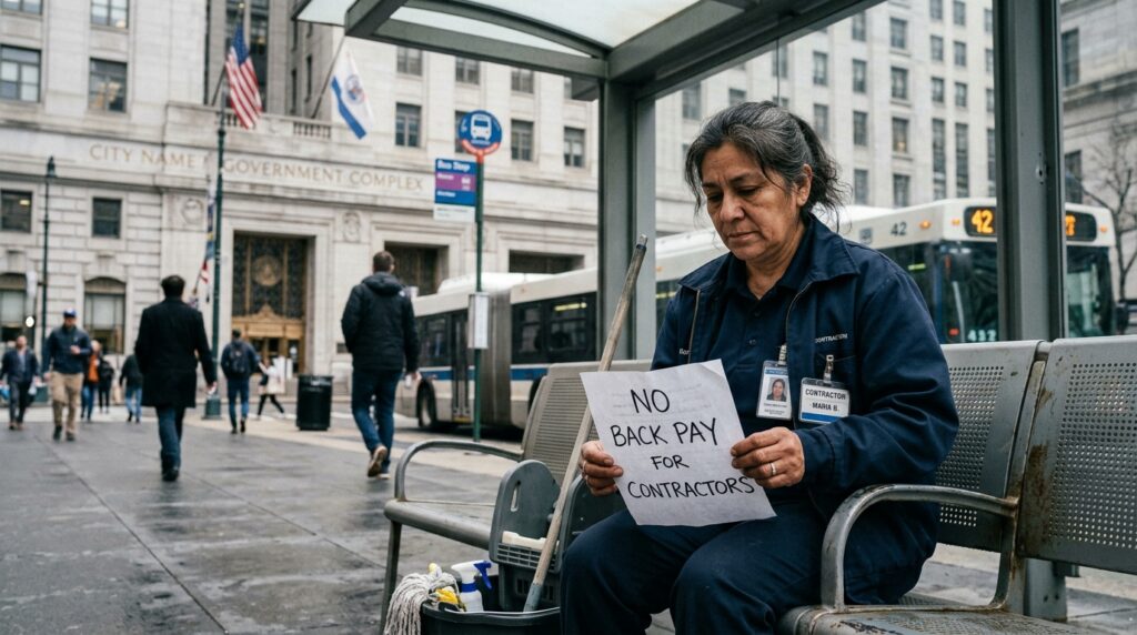The US Quiet Crisis: A female janitor in uniform sitting on a bus bench holding a sign that says “No back pay for contractors” – highlighting the forgotten workers of the shutdown.
