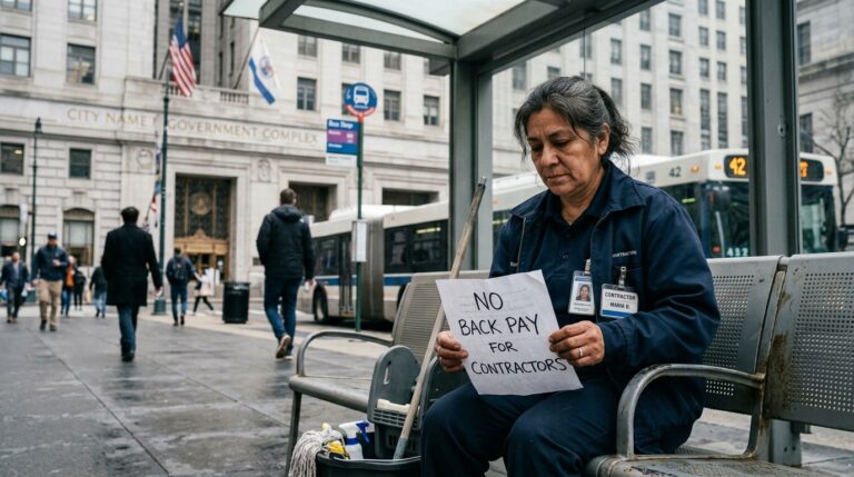 The US Quiet Crisis: A female janitor in uniform sitting on a bus bench holding a sign that says “No back pay for contractors” – highlighting the forgotten workers of the shutdown.