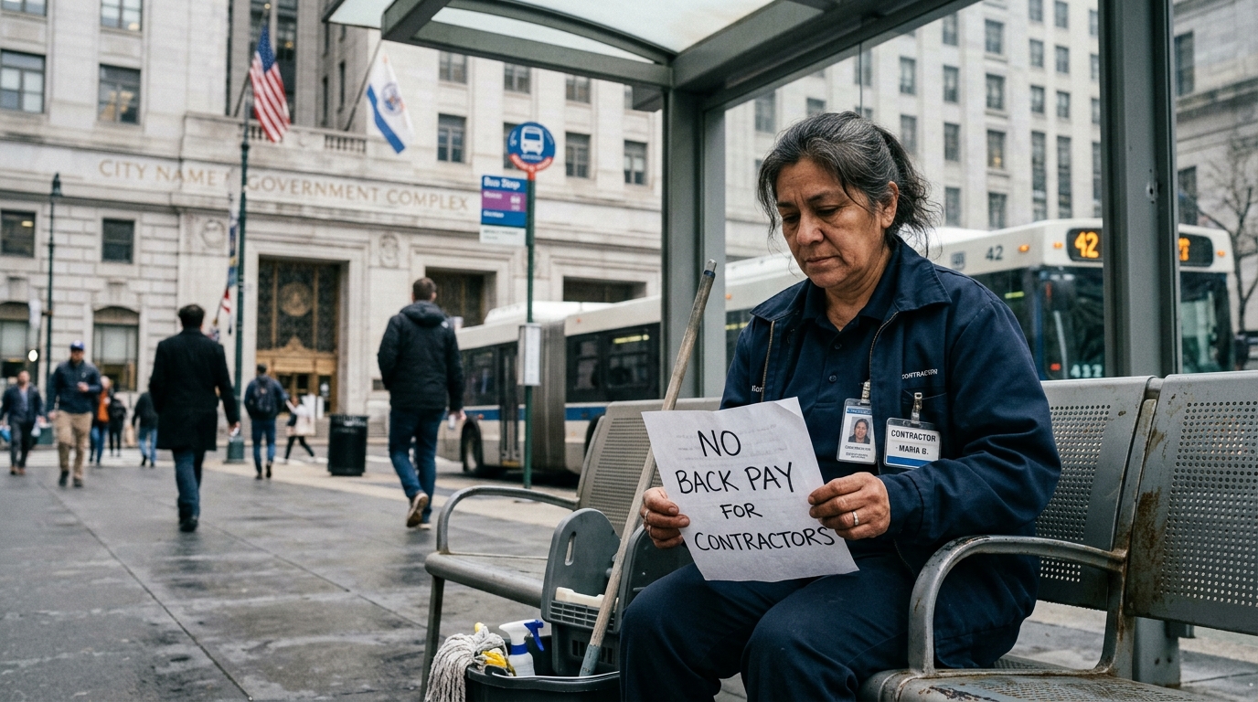 The US Quiet Crisis: A female janitor in uniform sitting on a bus bench holding a sign that says “No back pay for contractors” – highlighting the forgotten workers of the shutdown.