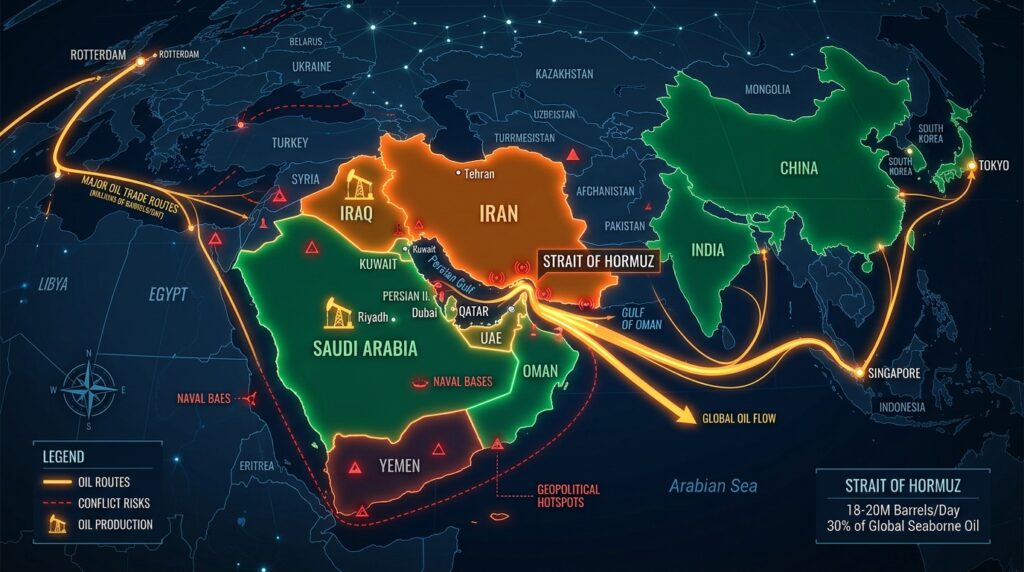 When Washington Wavers:Map showing global oil routes passing through the Strait of Hormuz and their strategic importance