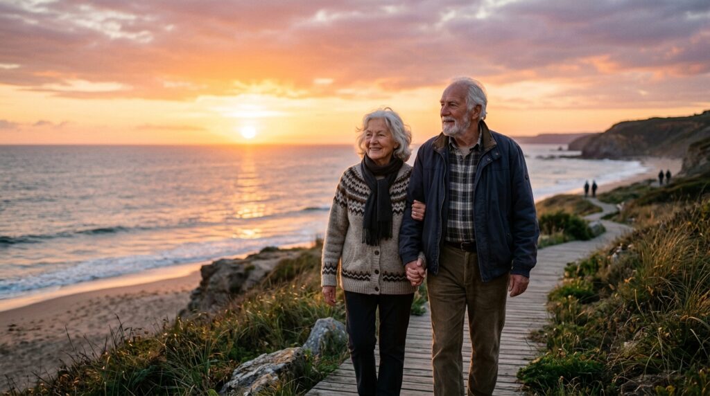 Healthy Ageing After 65: The Science of Longevity:Elderly_people_walking_near_ocean_