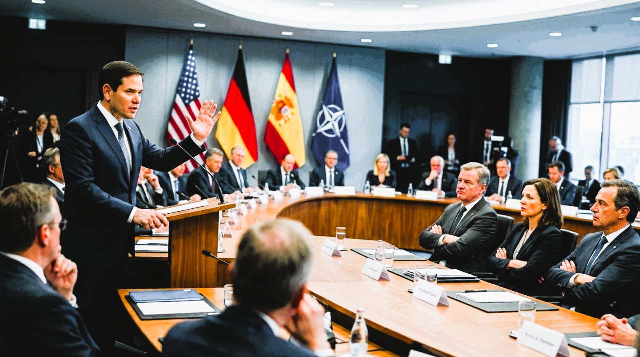 Rubio NATO Fire Facts: The Inside Story of a Fractured Alliance:NATO_meeting_room_diplomat_speaking
