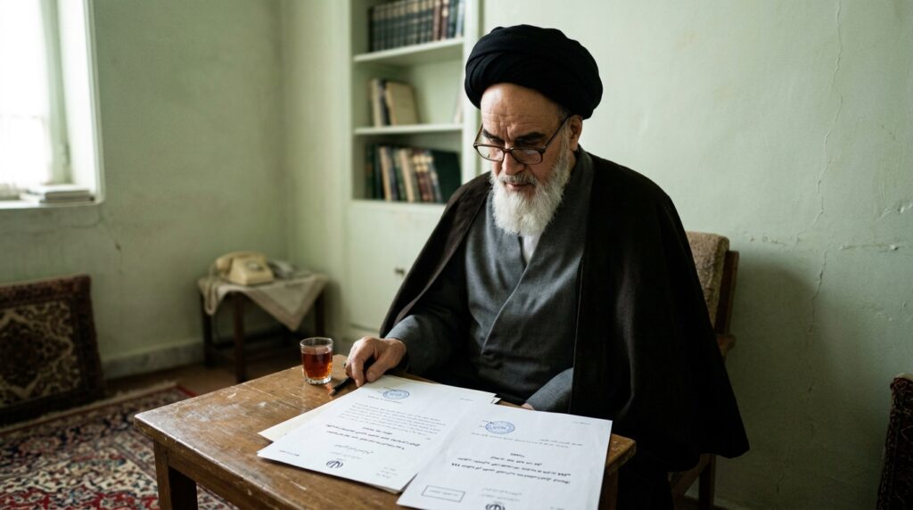 Ayatollah_Khomeini_reading_docum…:Accepting the Ceasefire: "Drinking the Poisoned Chalice"
