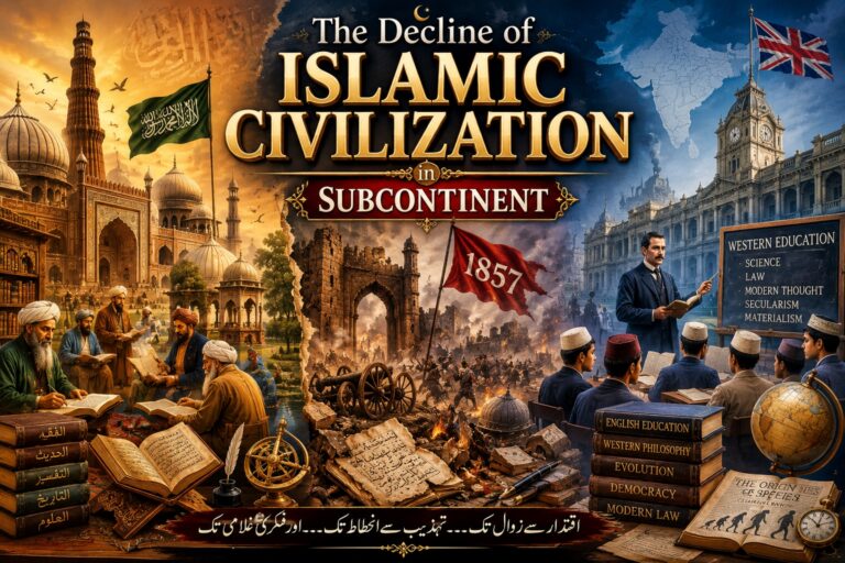 Historical illustration depicting the decline of Islamic civilization in India through political collapse, British colonial rule, and intellectual transformation