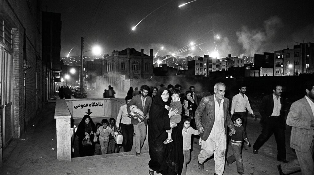 The "War of the Cities": Civilians_rushing_toward_shelters_