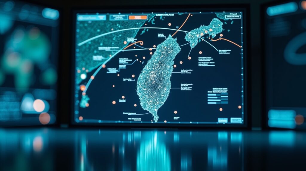 Close-up of a maritime command center radar display screen showing tactical naval tracking vectors in the Taiwan Strait.
