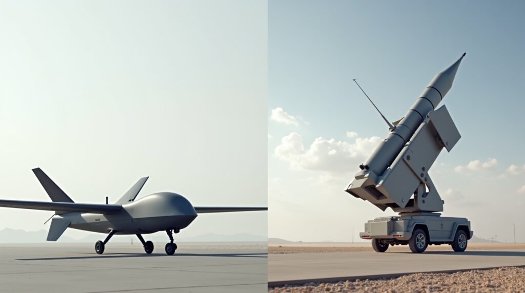 I am the boss:Conceptual comparison of a low-cost military drone and an expensive advanced air defense missile interceptor illustrating economic attrition.