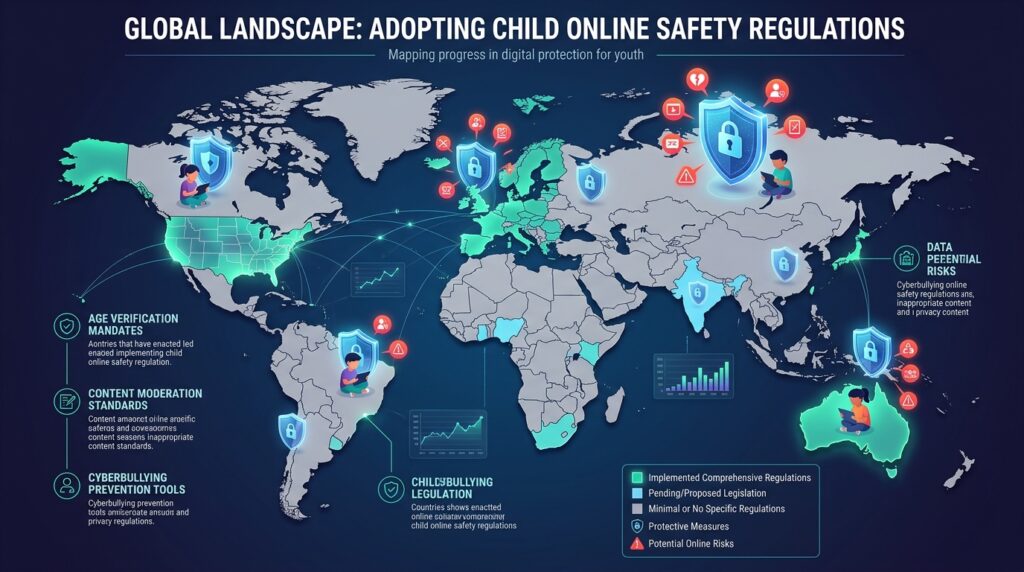 Navigating the Children's Digital Playground: World_map_child_safety_regulations_