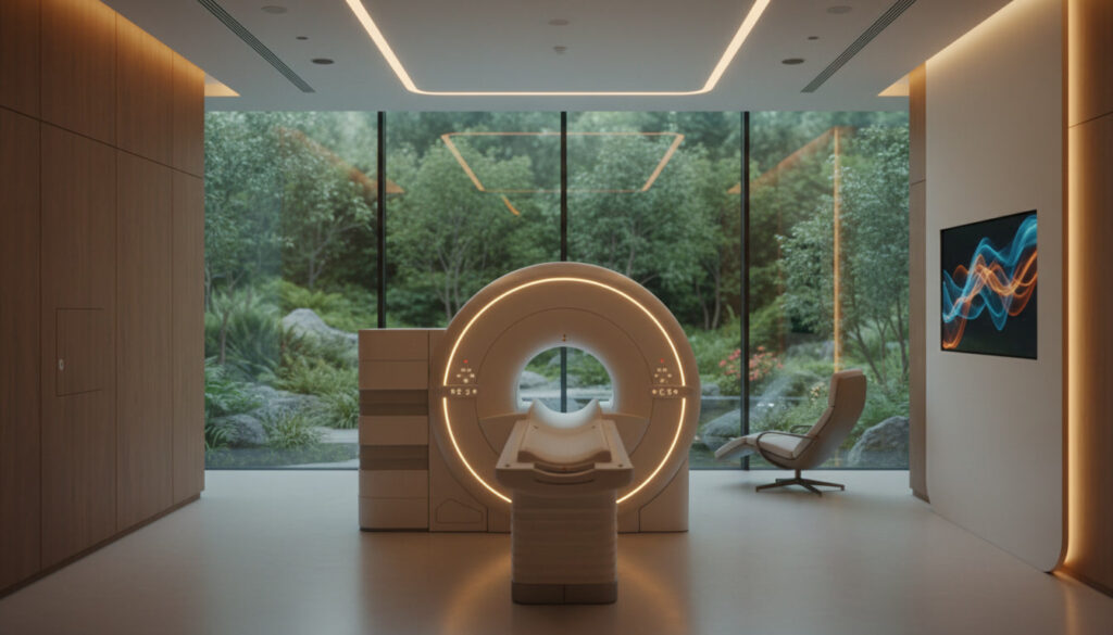 The Biological Age Revolution:A modern full-body preventative MRI machine inside a serene, nature-integrated longevity health clinic.
