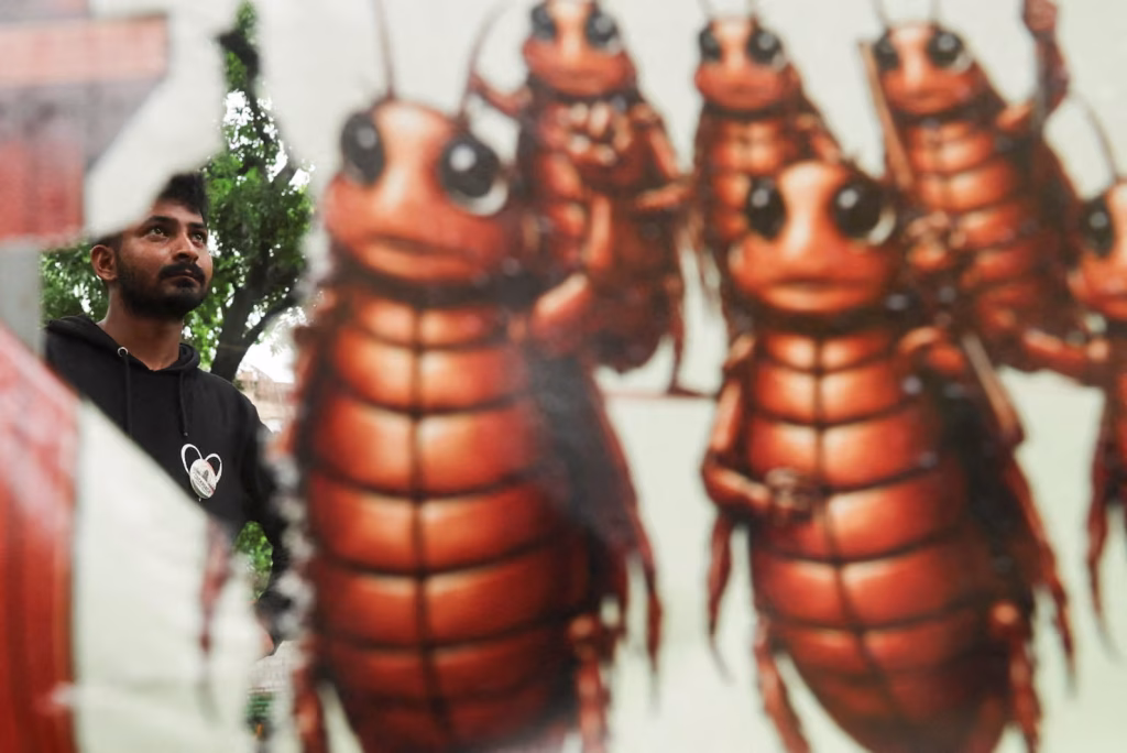India's Cockroach Party Explained:A supporter of the Cockroach Janta party is seen through a torn banner at a protest in New Delhi.Photograph: Francis Mascarenhas/Reuters