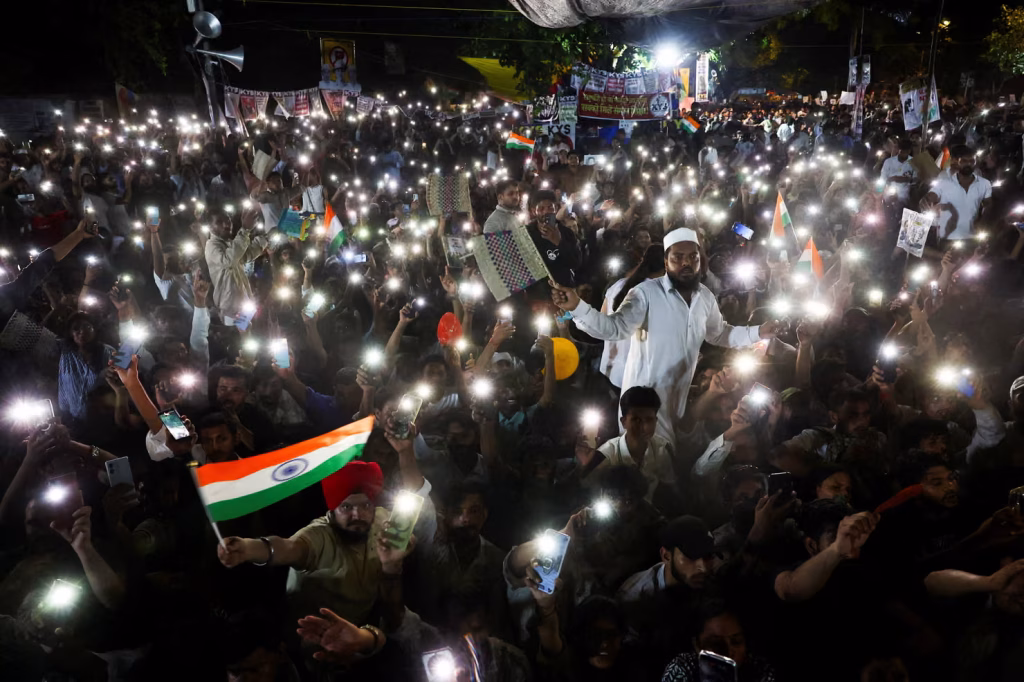Supporters gather in New Delhi after activist Sonam Wangchuk, who had been on a hunger strike, was taken to a hospital by authorities, 19 July.