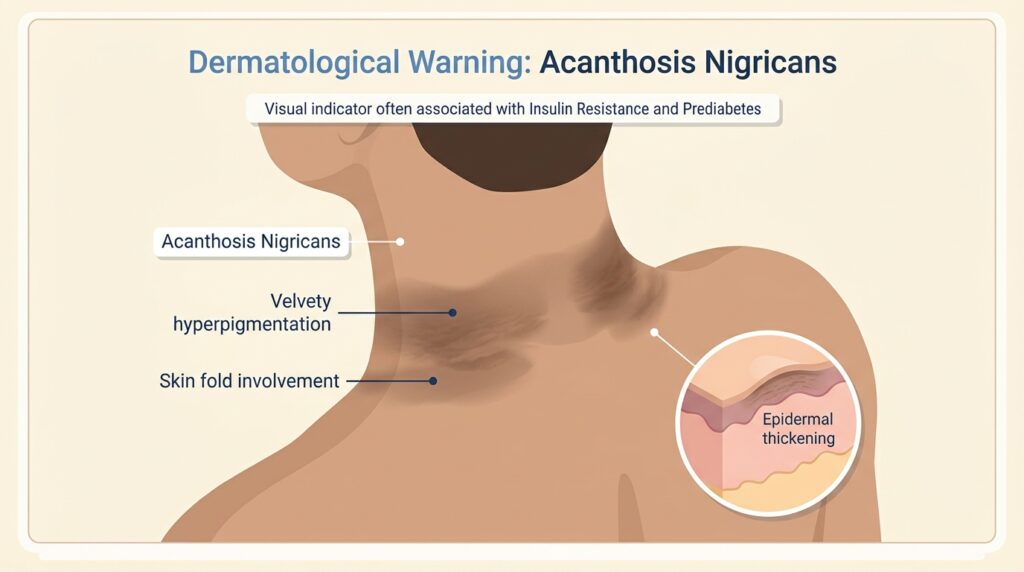 Educational diagram showing dark velvety skin patches on the neck caused by high insulin levels.