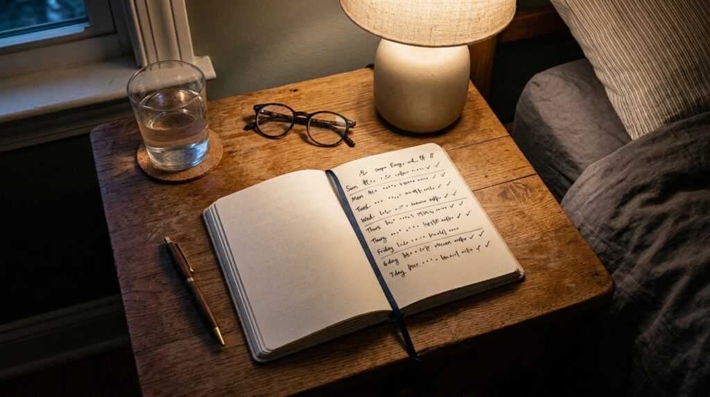 A Seven-Day Sleep and Energy Check:Bedside_table_sleep_diary_setup_