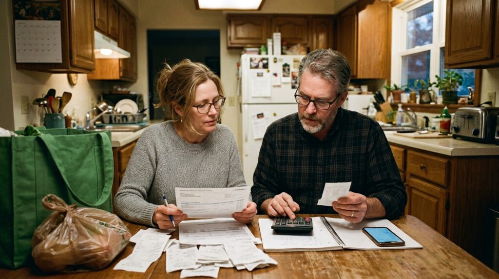 Illustration Couple_reviewing_bills_at_table_