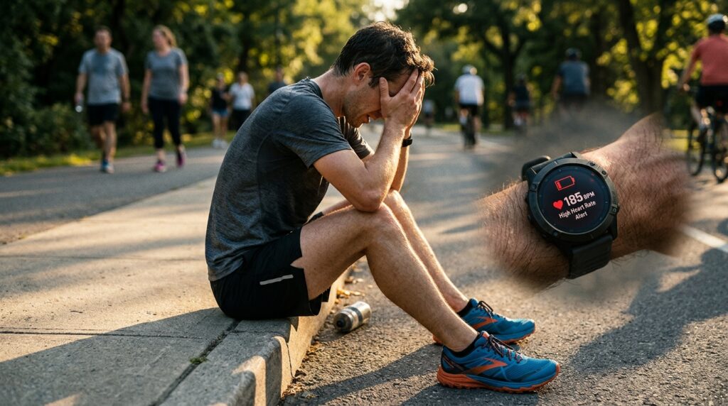 Exhausted male runner sitting on curb wearing a glowing smartwatch showing health metrics.