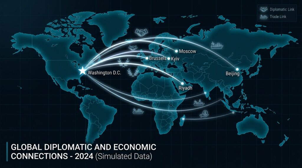 Illustration:Global Impact Analysis: Why the World Is Watching Closely:Glowing_world_map_connecting_glo