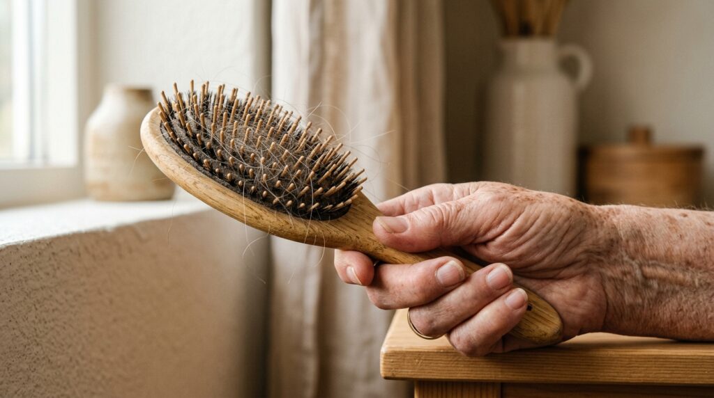 Close-up of hair shedding on a wooden hairbrush representing early iron deficiency and hair loss symptoms.