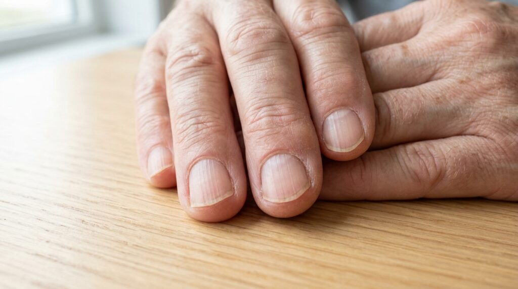 Macro photograph of human fingernails showing subtle ridges as indicators of internal health shifts.