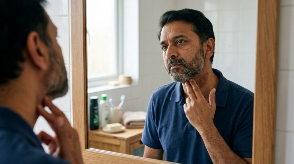 Man_examining_neck_in_mirror_