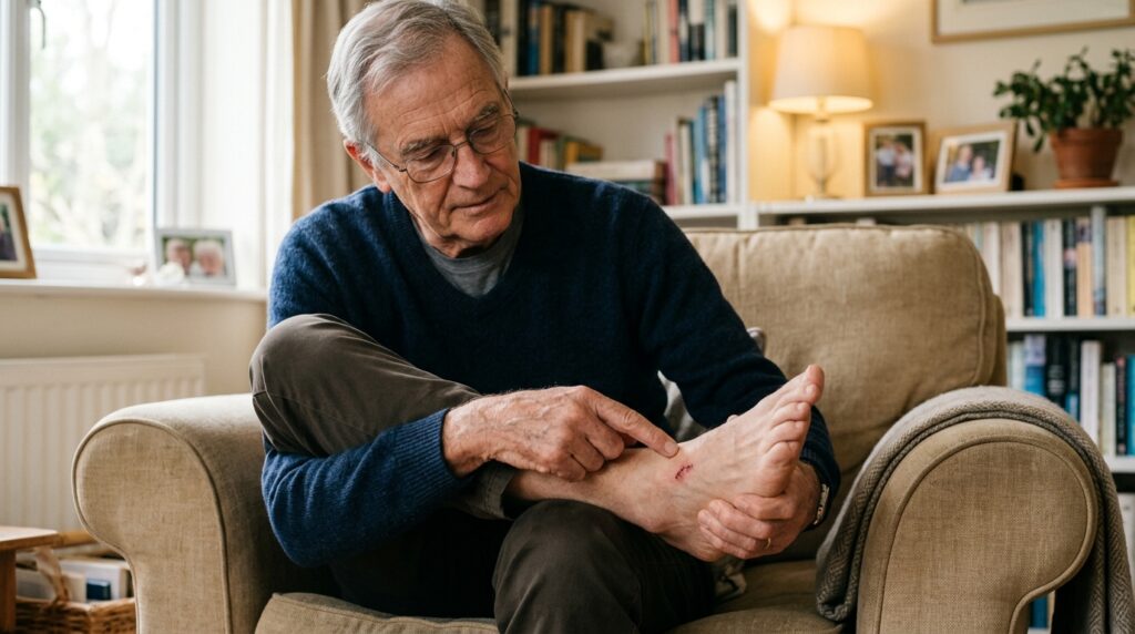 Older_man_examining_foot_wound_