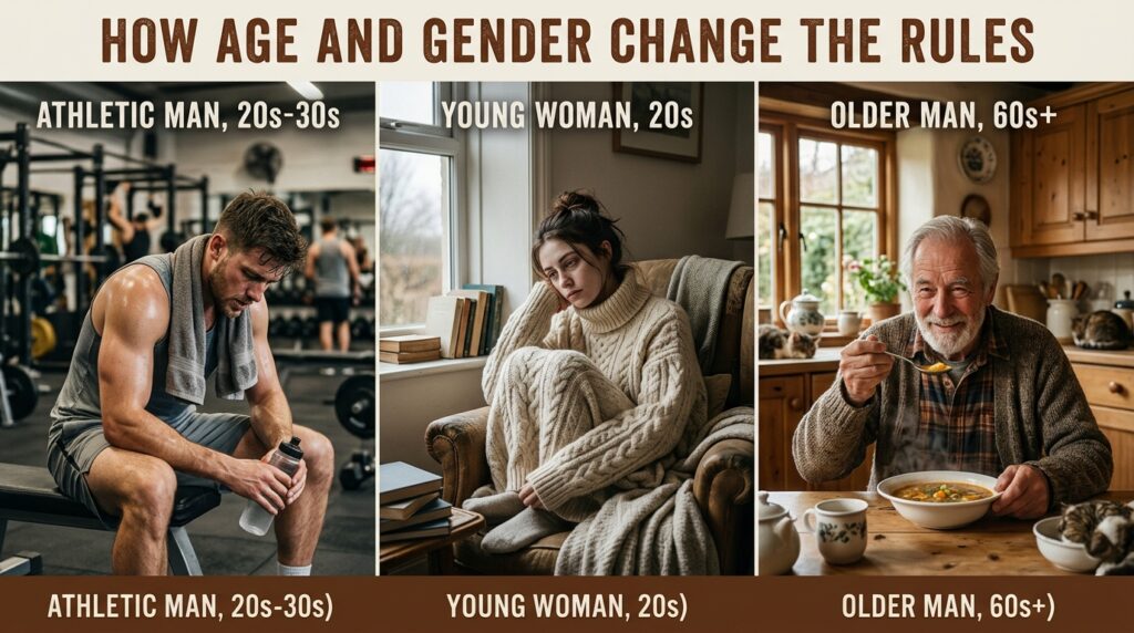 Collage showing a fatigued man at the gym, a tired woman in a sweater, and an senior man eating soup.