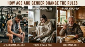 Collage showing a fatigued man at the gym, a tired woman in a sweater, and an senior man eating soup.
