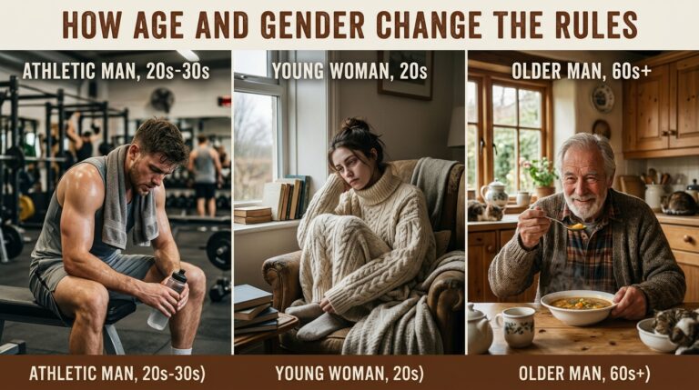 Collage showing a fatigued man at the gym, a tired woman in a sweater, and an senior man eating soup.