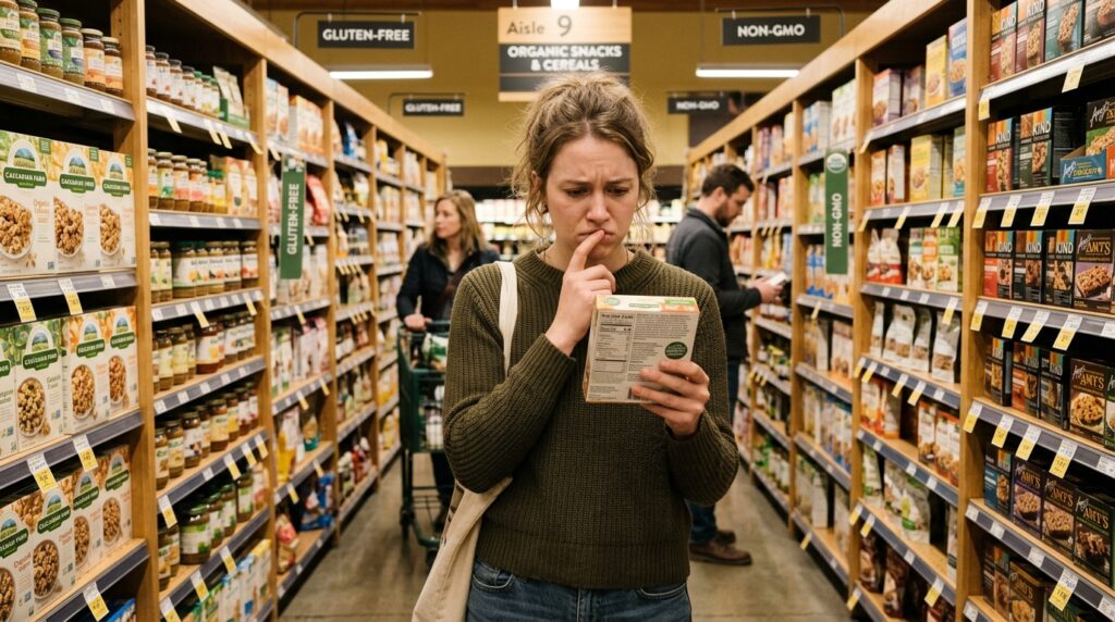 Stressed shopper carefully inspecting a detailed nutritional label in an organic grocery store aisle.