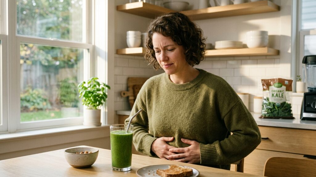 Person sitting at a kitchen table experiencing stomach discomfort after drinking a green kale smoothie.