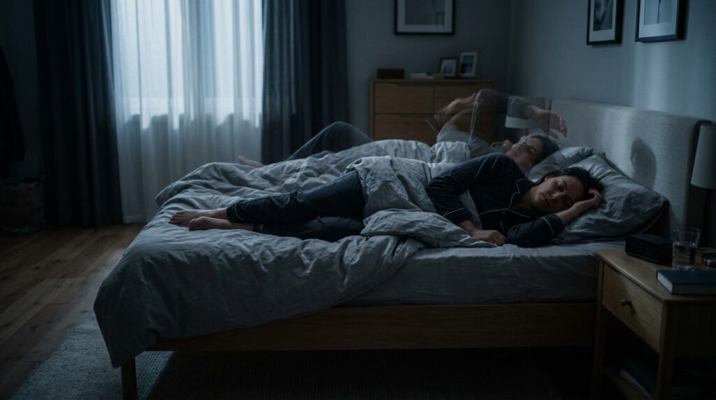 Eight Hours in Bed Does Not Guarantee Eight Hours of Good Sleep:Person_sleeping_restlessly_in_bed_