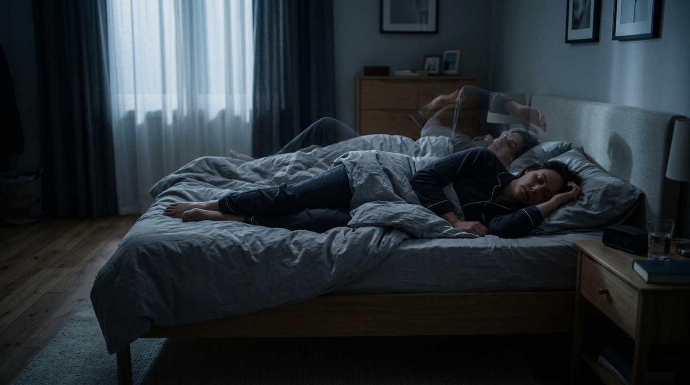 Eight Hours in Bed Does Not Guarantee Eight Hours of Good Sleep:Person_sleeping_restlessly_in_bed_