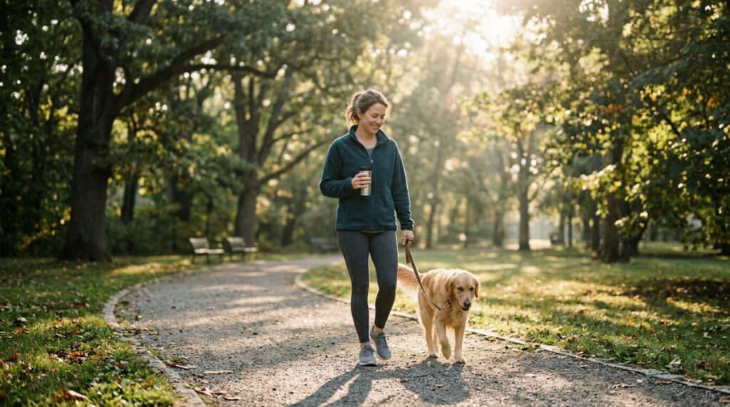 Person taking a peaceful morning walk in a sunny park practicing adaptive health balance.