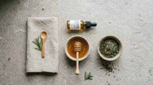 Natural prevention ingredients including rosemary oil, raw honey, and green tea for hair and skin care.