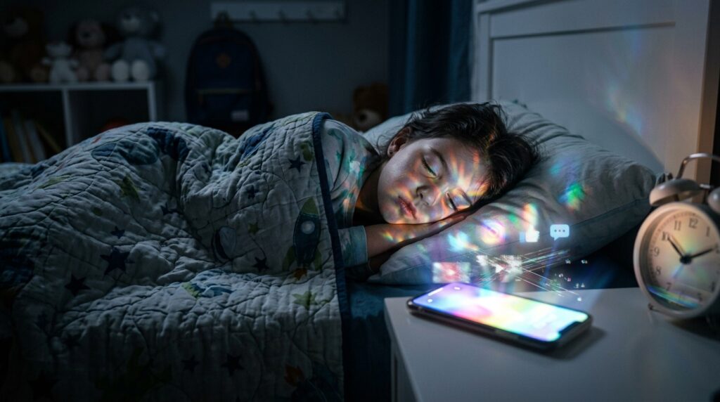 Child Online Safety:Smartphone_glowing_beside_sleepi…
