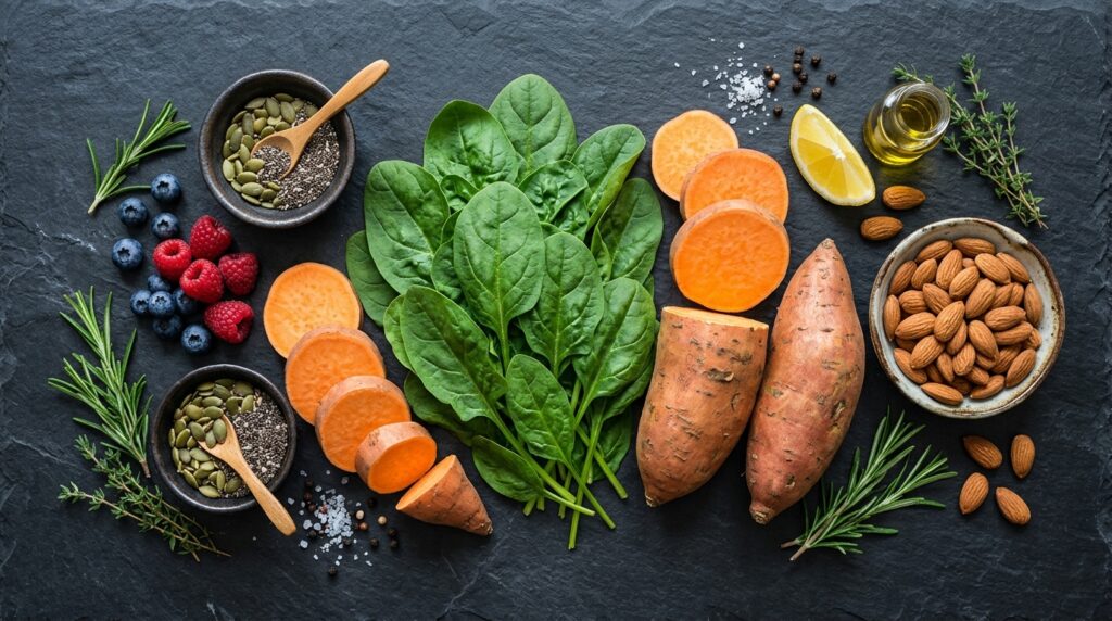 Top-down view of raw spinach and almonds on a dark countertop representing high-oxalate superfoods.