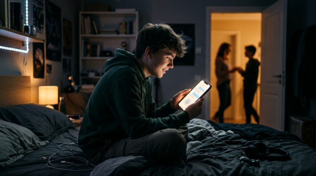 Illustration of a Teenager_talking_to_AI_chatbot_