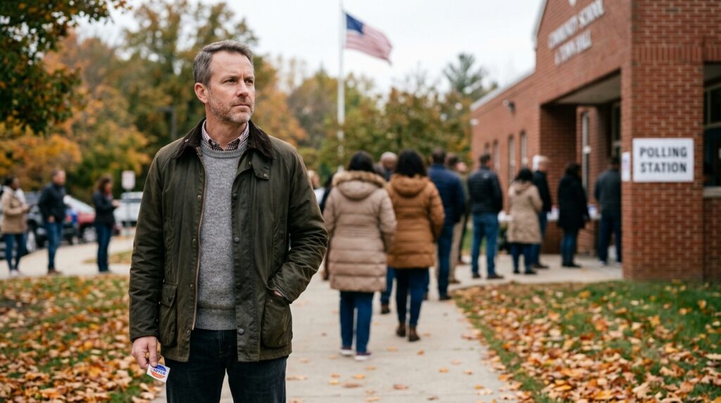 Independent voter at a suburban polling station during the 2026 midterms