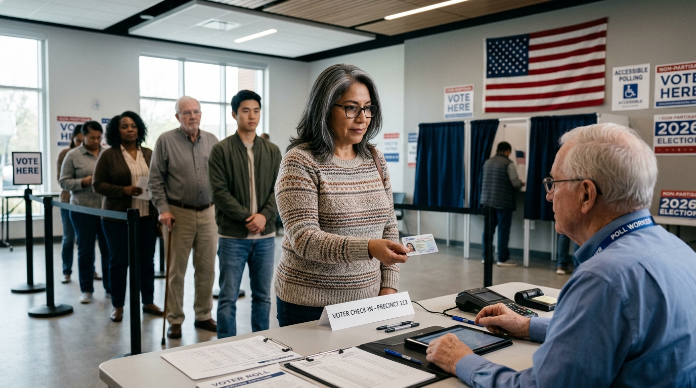 American voter presenting identification at a polling place during the 2026 election.