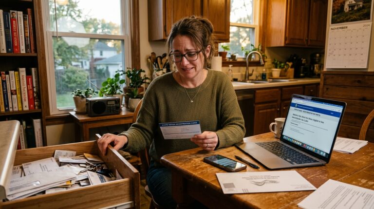 American voter checking registration after losing a voter registration card.