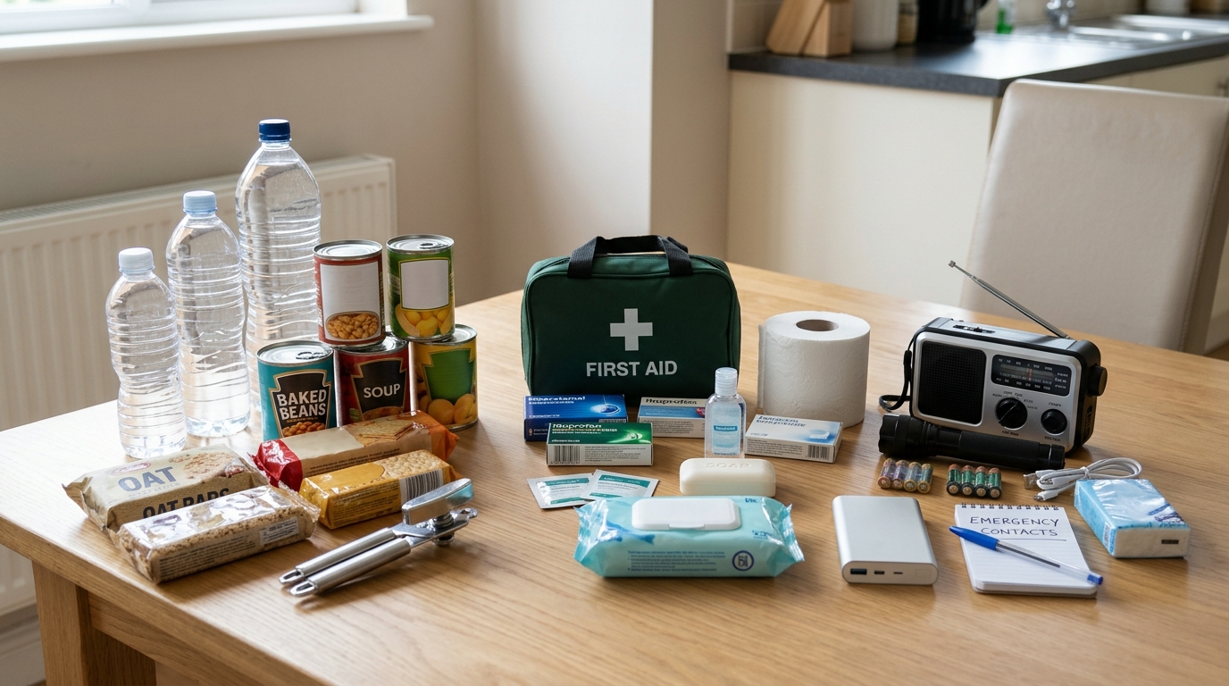 Essential emergency supplies including water, food, flashlight, radio and first-aid kit.
