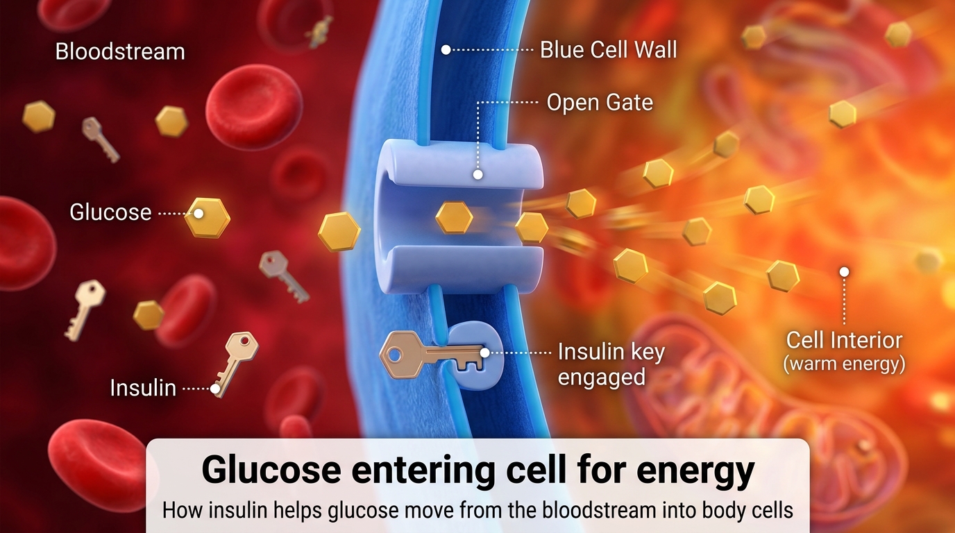 "Illustration showing how insulin helps glucose move from the bloodstream into body cells.