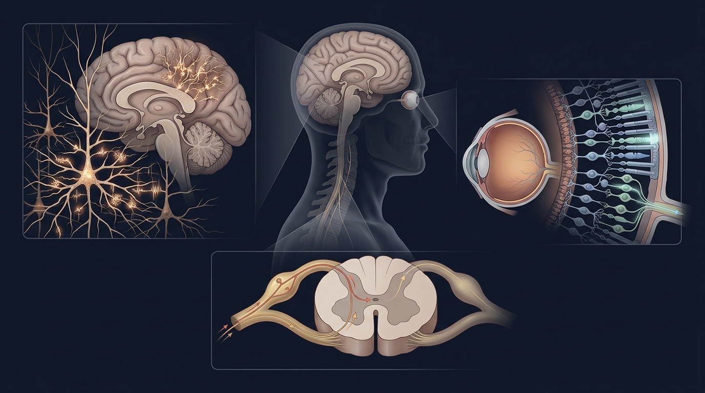 Scientific illustration of optogenetics research involving brain circuits, pain pathways and vision restoration.