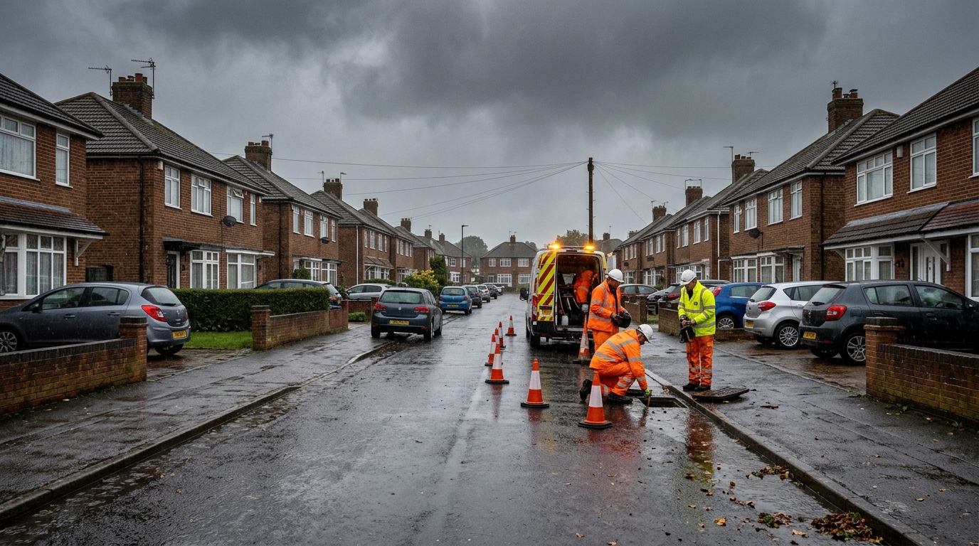 Heavy rain and stormy weather affecting a British residential area.
