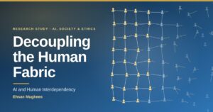 Illustration of a woven fabric of human figures unravelling at the centre, representing AI weakening human interdependency