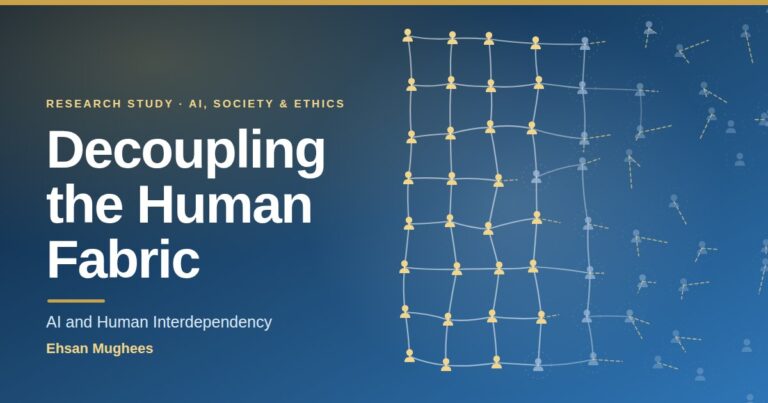 Illustration of a woven fabric of human figures unravelling at the centre, representing AI weakening human interdependency