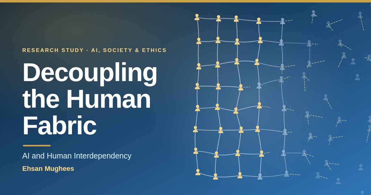 Illustration of a woven fabric of human figures unravelling at the centre, representing AI weakening human interdependency
