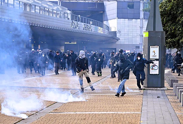BRUSSELS, BELGIUM - OCTOBER 17: Hundreds of young people protest against education reforms and budget cuts in Brussels, Belgium, on October 17, 2026. Police intervene using tear gas and water cannons against the protesters. (Photo by Dursun Aydemir/Anadolu via Getty Imag
