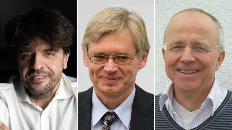Karl Deisseroth, Peter Hegemann and Georg Nagel (left-right) Credit: Cmichel67/Wikimedia Commons (Karl Deisseroth); Associated Press (Peter Hegemann); The Brain Prize (Georg Nagel)