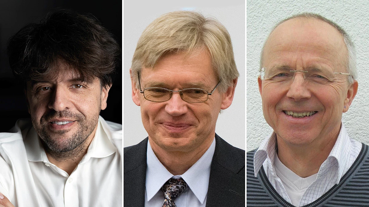 Karl Deisseroth, Peter Hegemann and Georg Nagel (left-right) Credit: Cmichel67/Wikimedia Commons (Karl Deisseroth); Associated Press (Peter Hegemann); The Brain Prize (Georg Nagel)